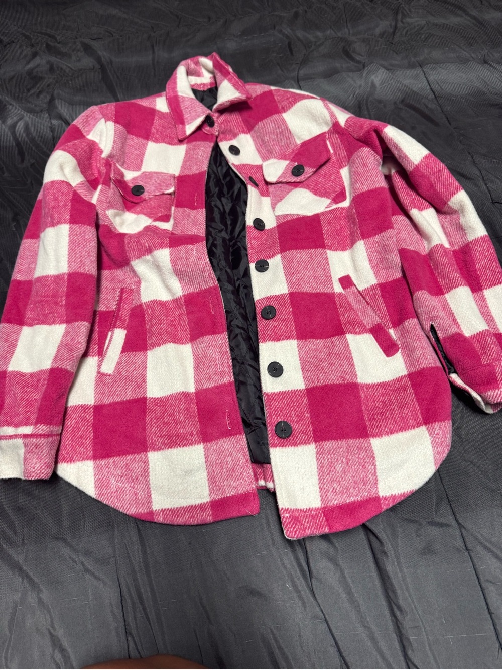 SHEIN Pink & White Buffalo Check Utility Jacket
